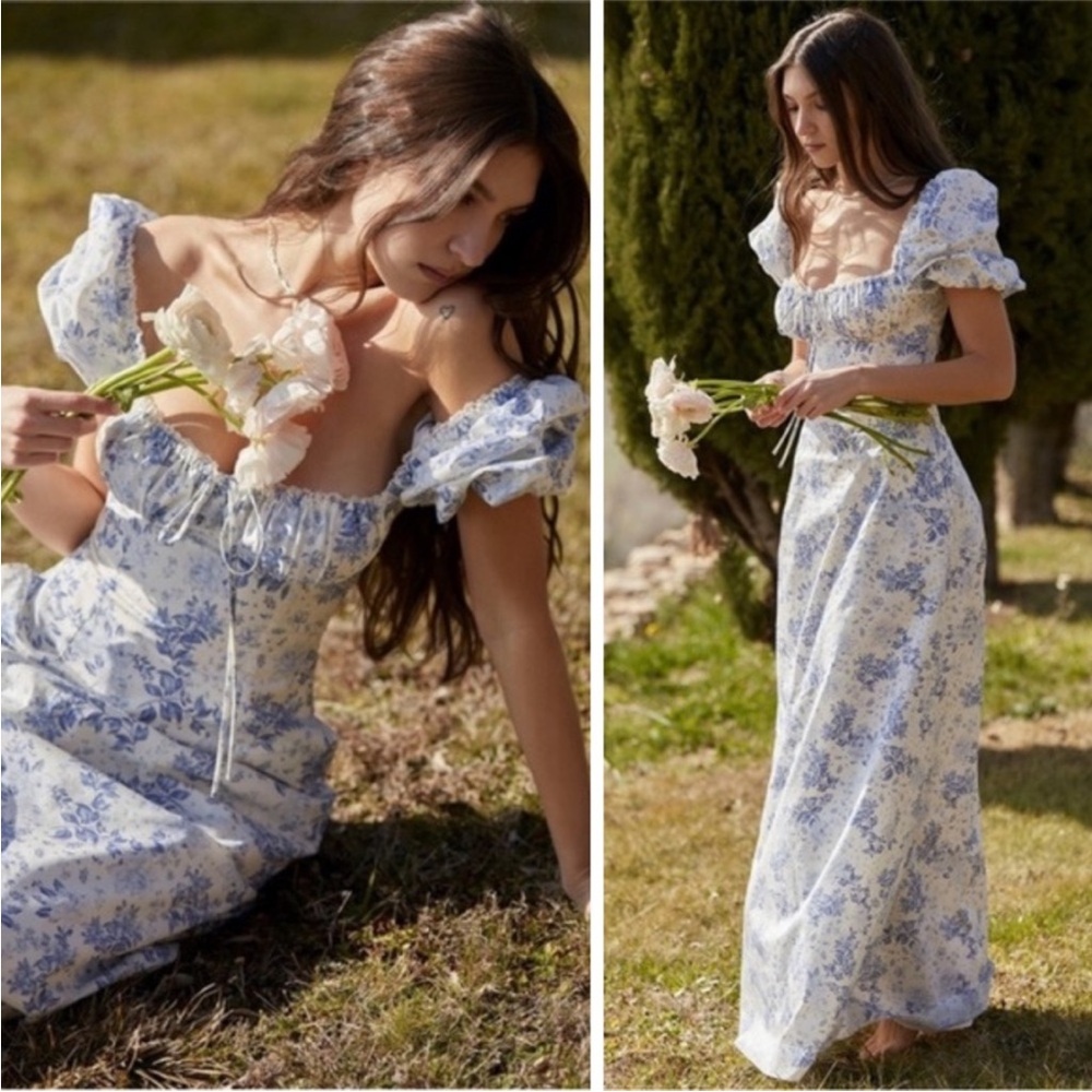 NEW House of CB Felizia Dress Blue Print + White Large